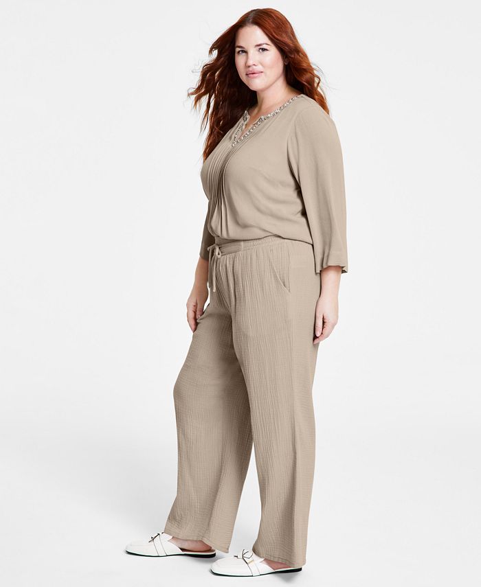 JM Collection Plus Size Gauze Drawstring Pants, Created for Macy's Macy's