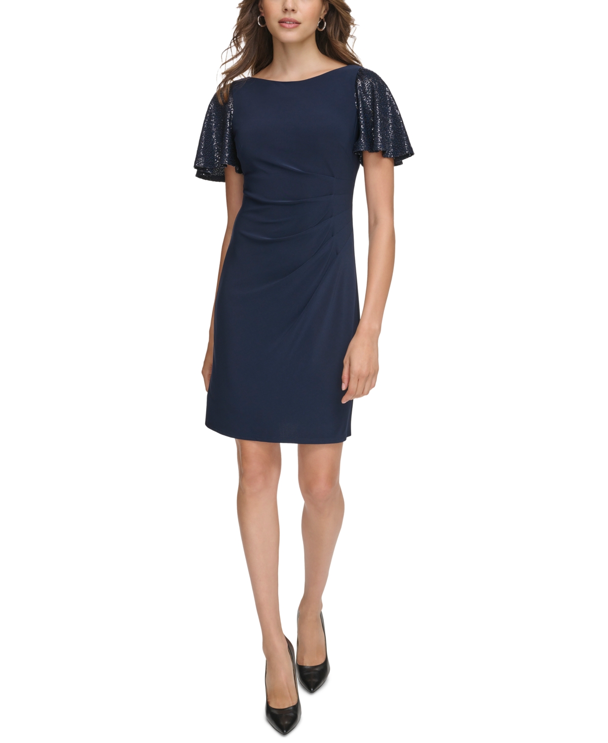 Jessica Howard Petite Shimmer-sleeve Side-pleated Dress In Navy
