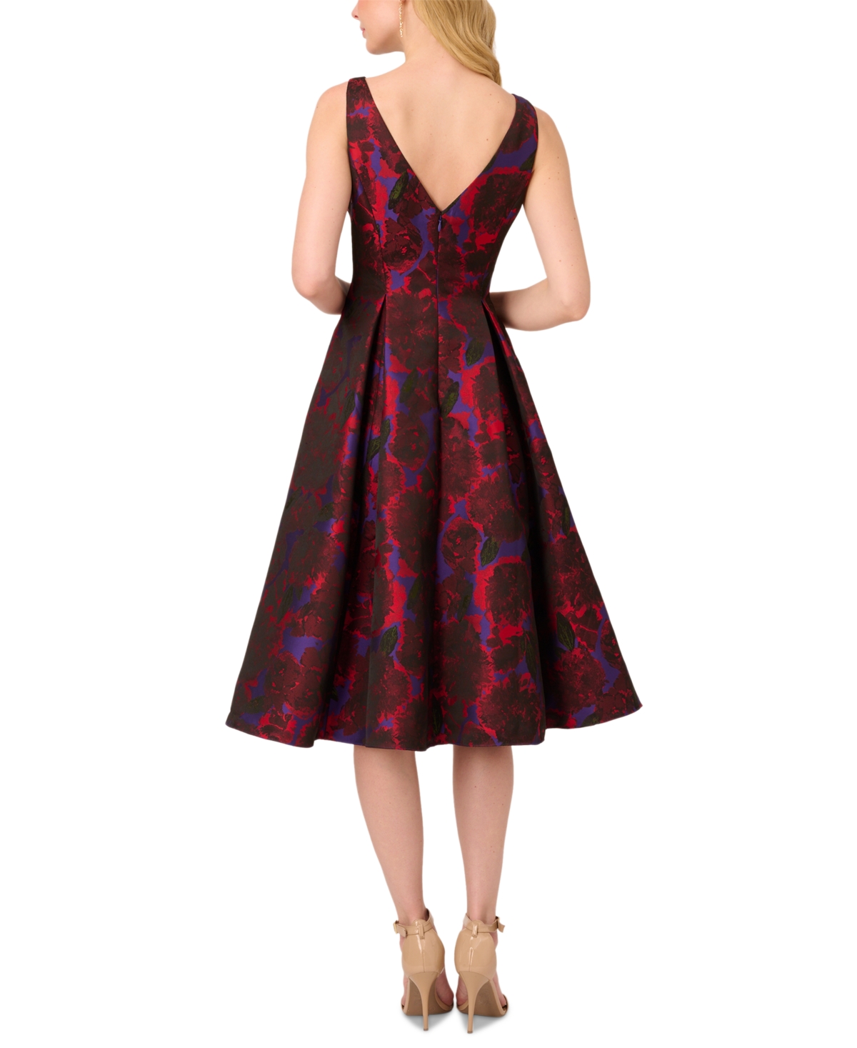 Shop Adrianna Papell Women's Jacquard Tea-length Dress In Red Multi