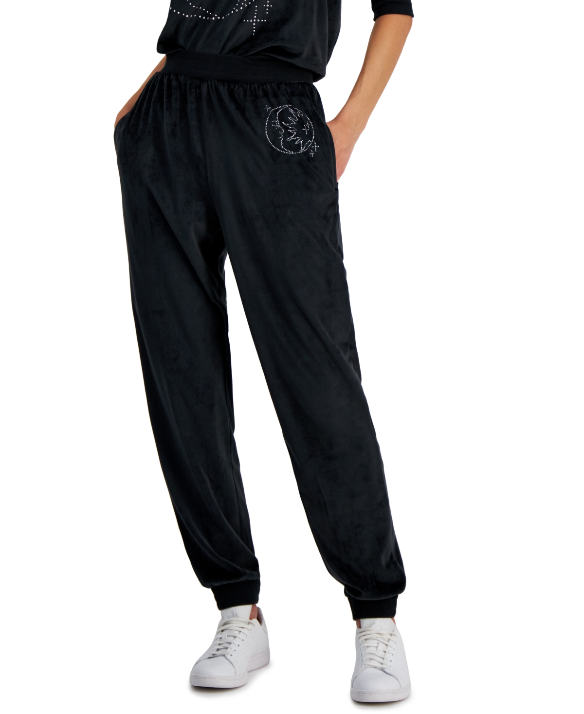 Grayson Threads, The Label Juniors' High-rise Velour Celestial Embellished Joggers In Black