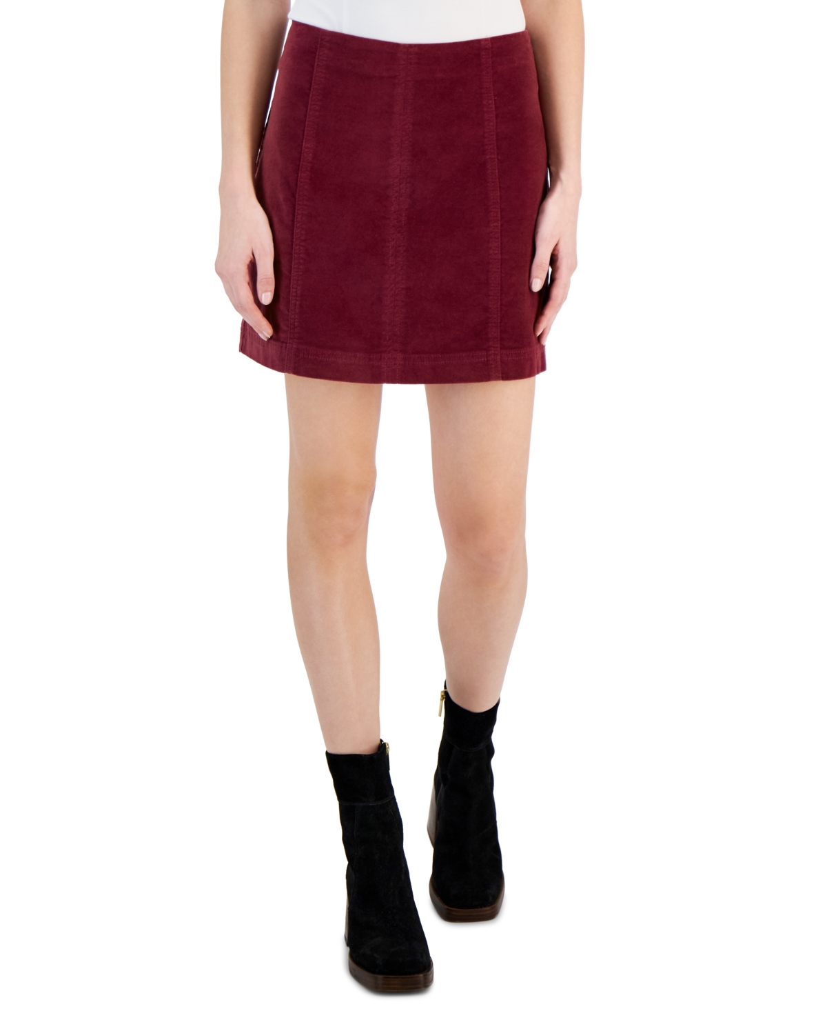 Women's Solid Unlined Velvet Seamed Mini Skirt - Burgundy