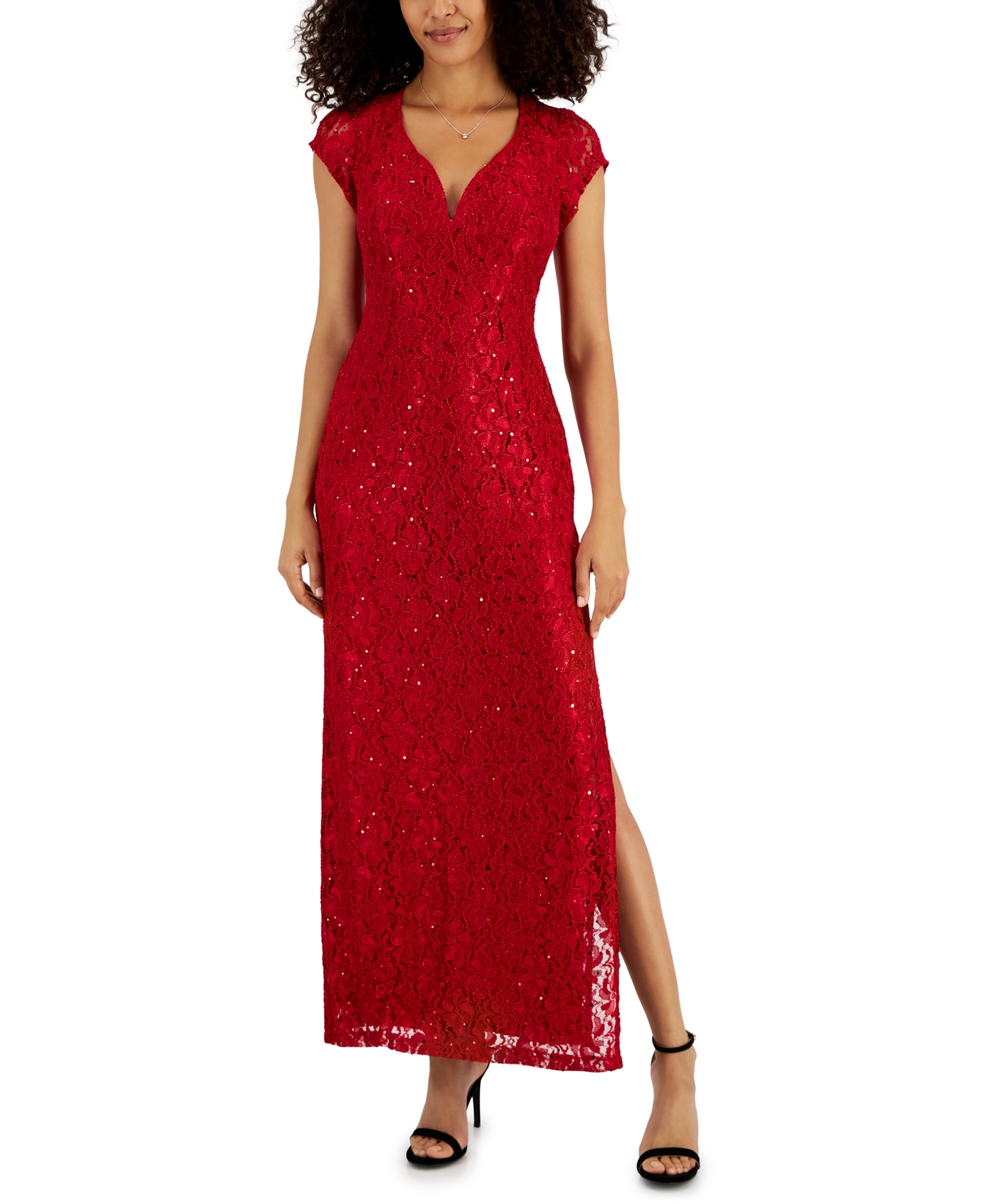 Connected Women's Sequined-lace Maxi Dress In Red