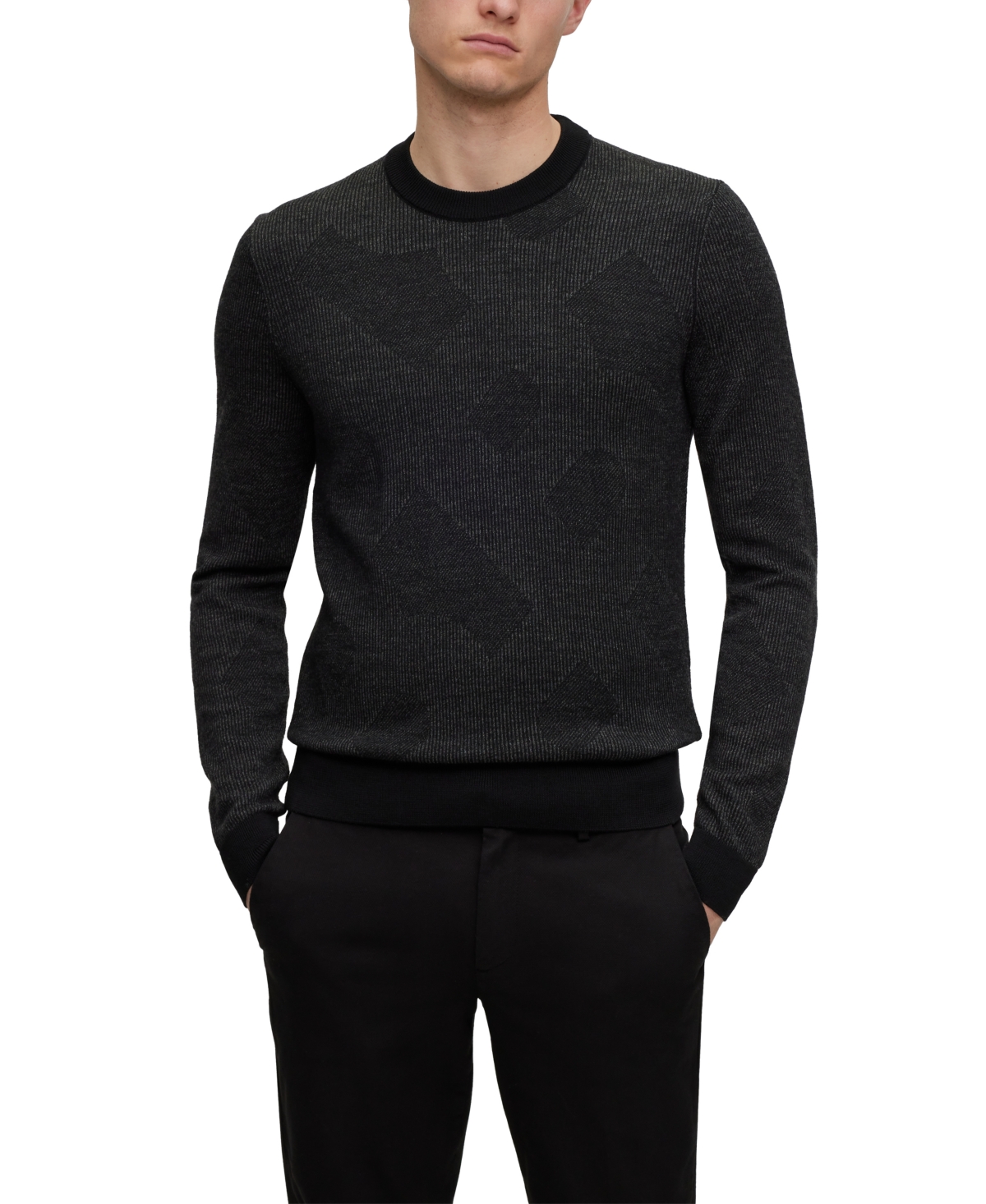 Boss by Hugo Boss Men's Two-Tone Monogram Jacquard Sweater - Black