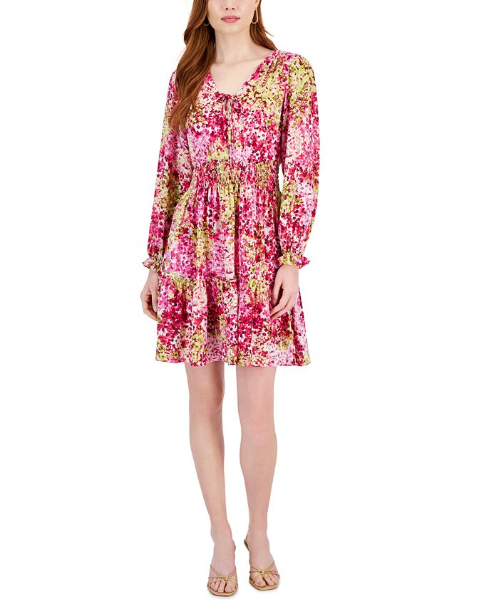 Taylor Women's Printed Chiffon V-Neck Smocked-Trim Dress - Macy's