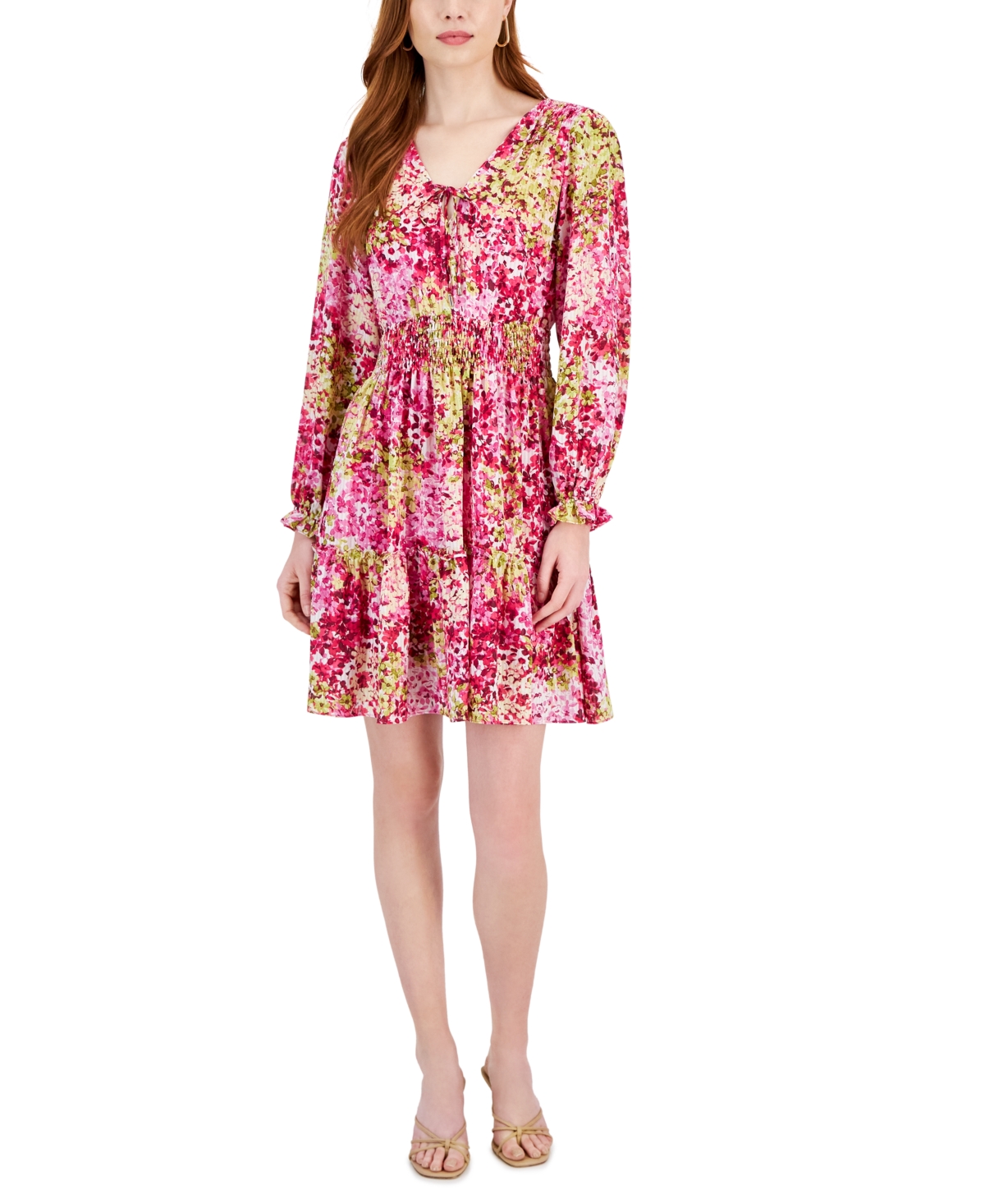Taylor Women's Printed Chiffon V-neck Smocked-trim Dress In Honeysuckle,pink
