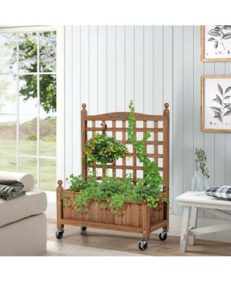 32in Wood Planter Box with Trellis Mobile Raised Bed for Climbing Plant