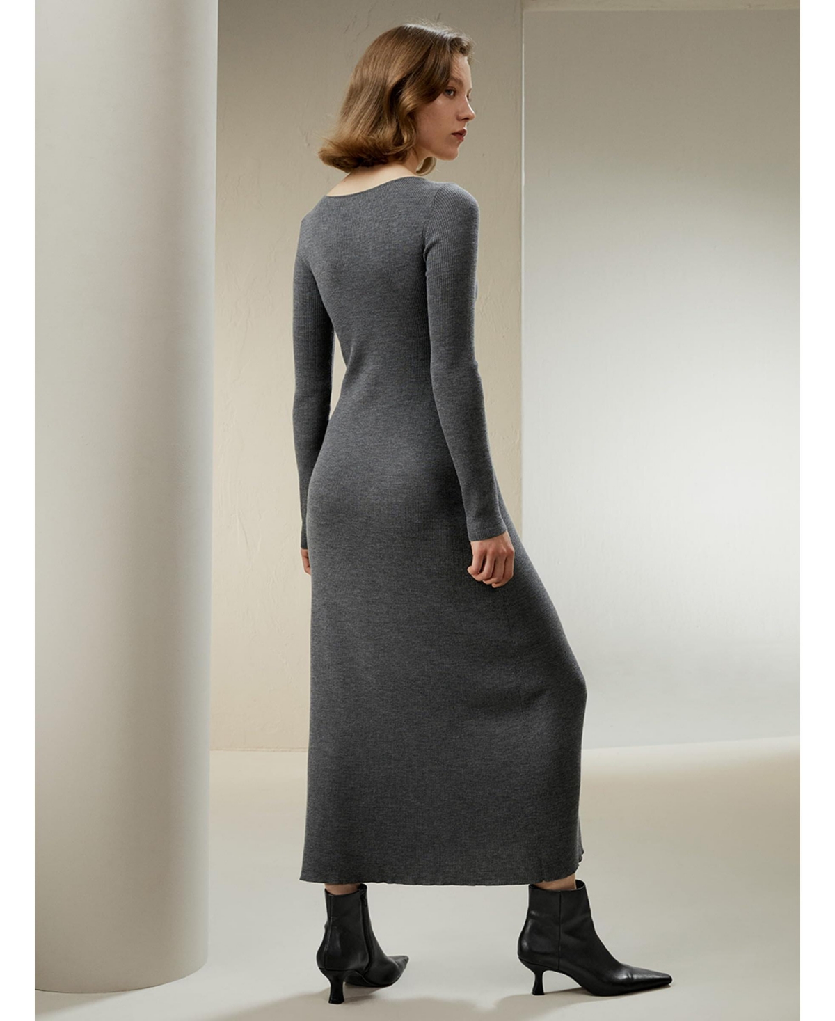 Lilysilk Women's Ribbed bodycon Merino Wool Midi-dress