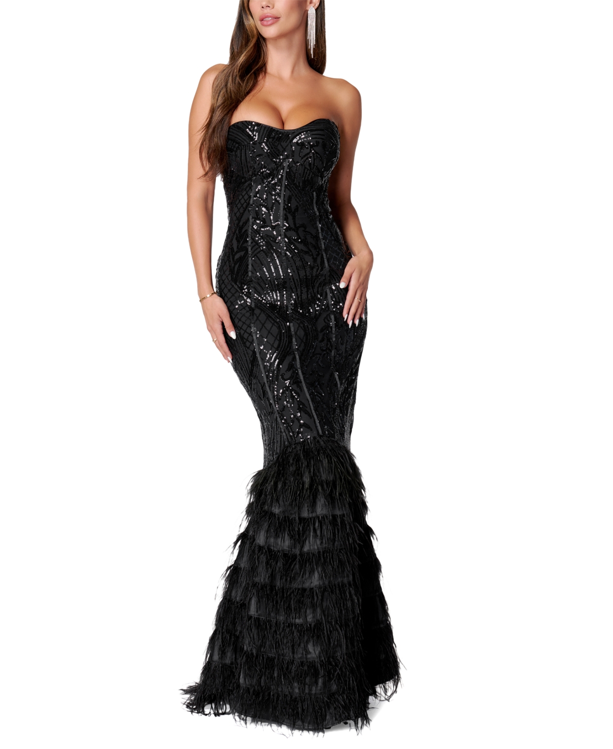 BEBE SEQUIN FEATHER EVENING GOWN
