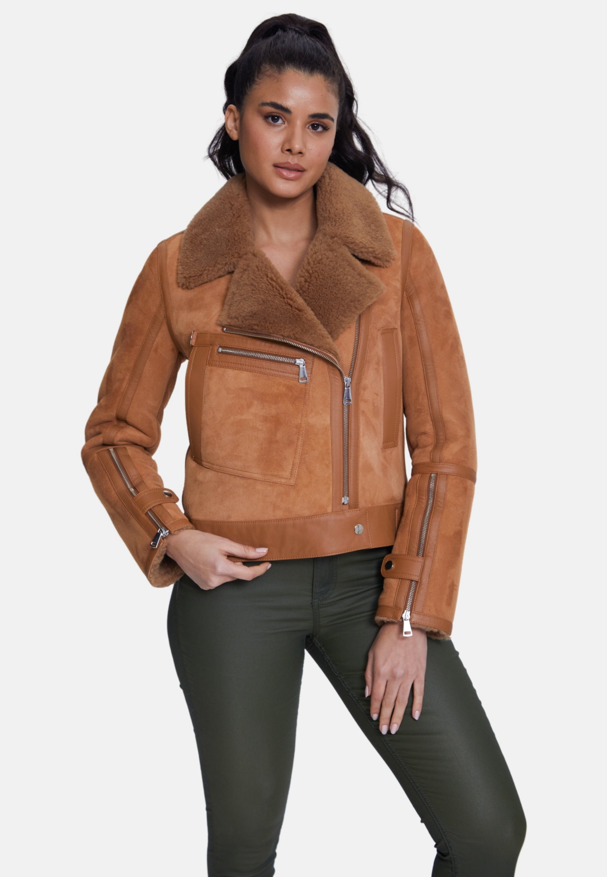 Furniq Uk Women's Elegant Suede Jacket, Suede Brick With Camel Curly Wool