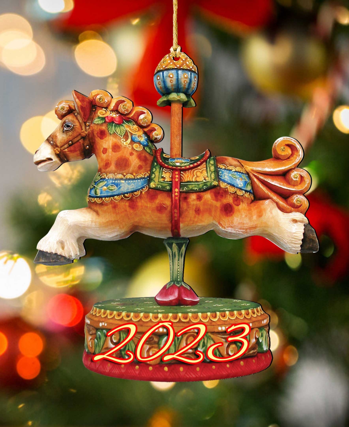 Designocracy 2023 Dated Carousel Horse Christmas Wooden Ornaments Holiday Decor Set Of 2 G. Debrekht In Multi Color