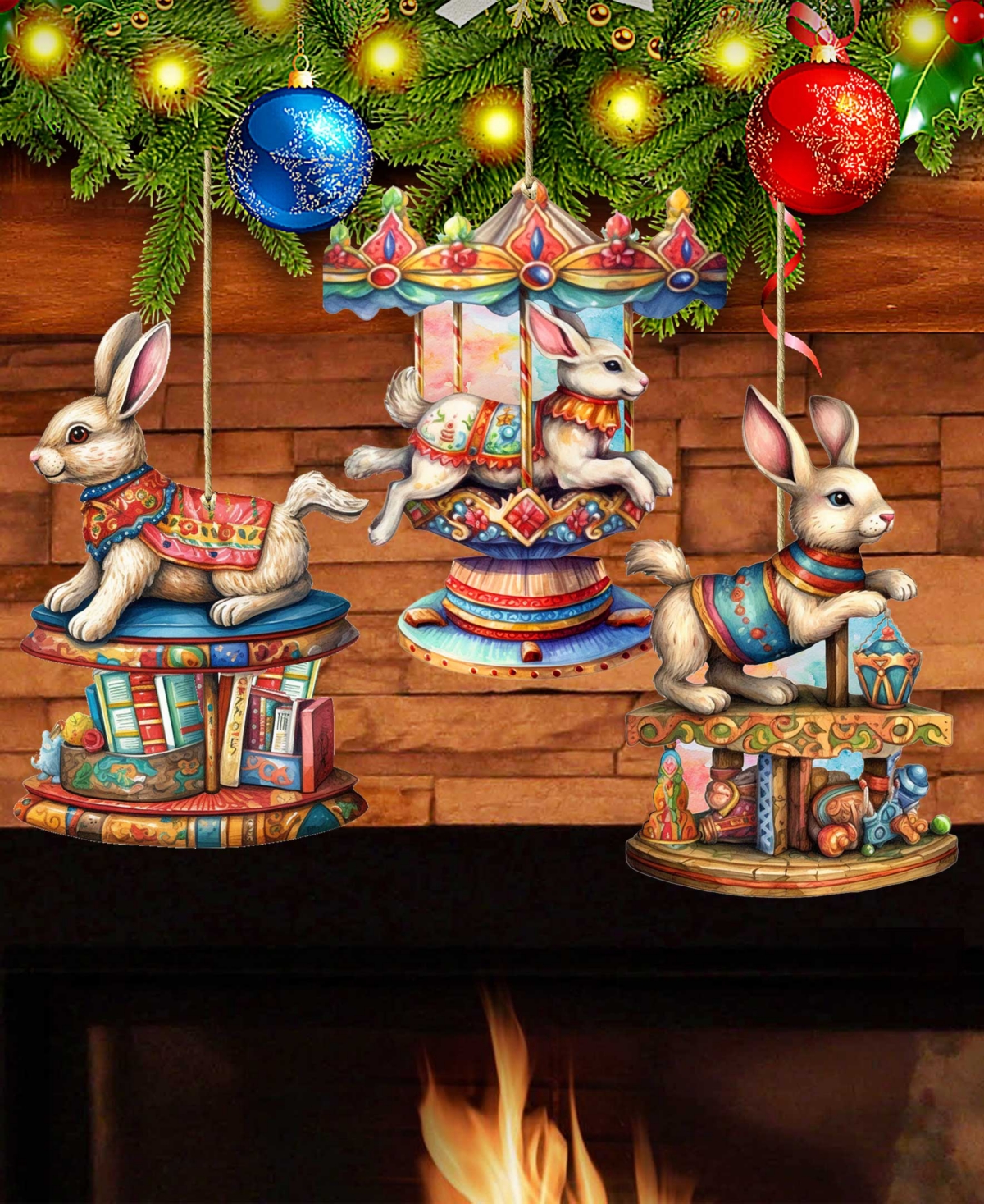 Designocracy Carousel Bunnies Christmas Wooden Ornaments Holiday Decor Set Of 3 G. Debrekht In Multi Color
