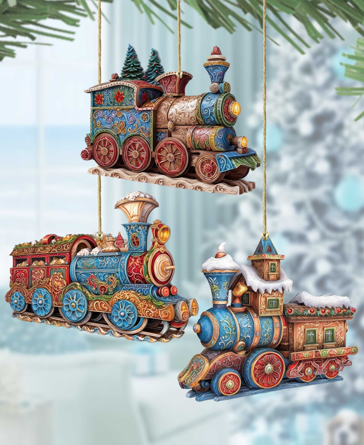 Designocracy Christmas Train Christmas Wooden Ornaments Holiday Decor Set Of 3 G. Debrekht In Multi Color
