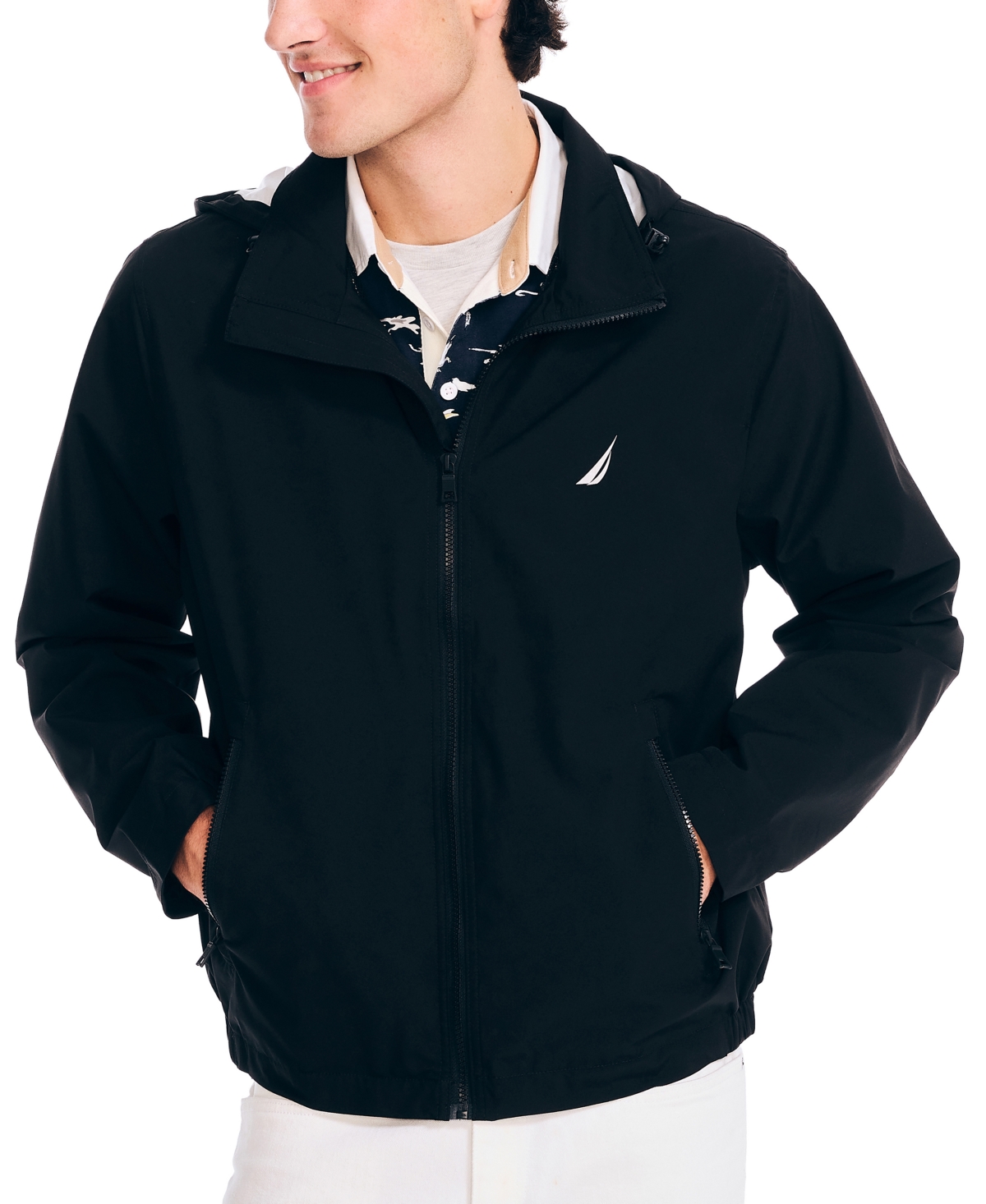 Shop Nautica Men's Classic Rainbreaker Hooded Zip-front Lightweight Jacket In True Black