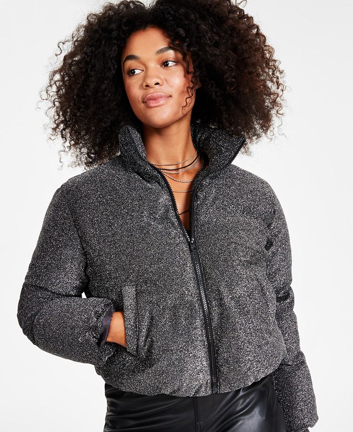 Bar III Women's Sparkle Cropped Puffer Jacket, Created for Macy's - Macy's