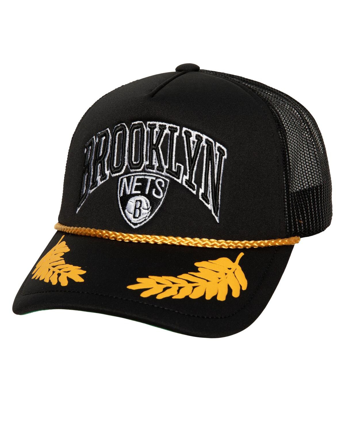 Mitchell & Ness Men's  Black Brooklyn Nets Hardwood Classics Gold Leaf Mesh Trucker Snapback Hat
