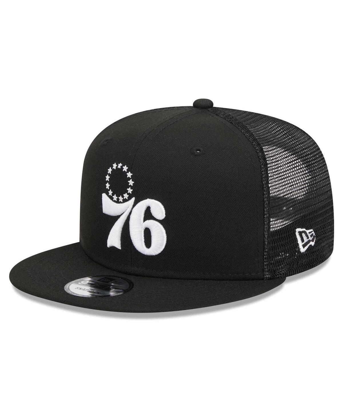 NEW ERA MEN'S NEW ERA BLACK PHILADELPHIA 76ERS EVERGREEN 9FIFTY TRUCKER SNAPBACK HAT 