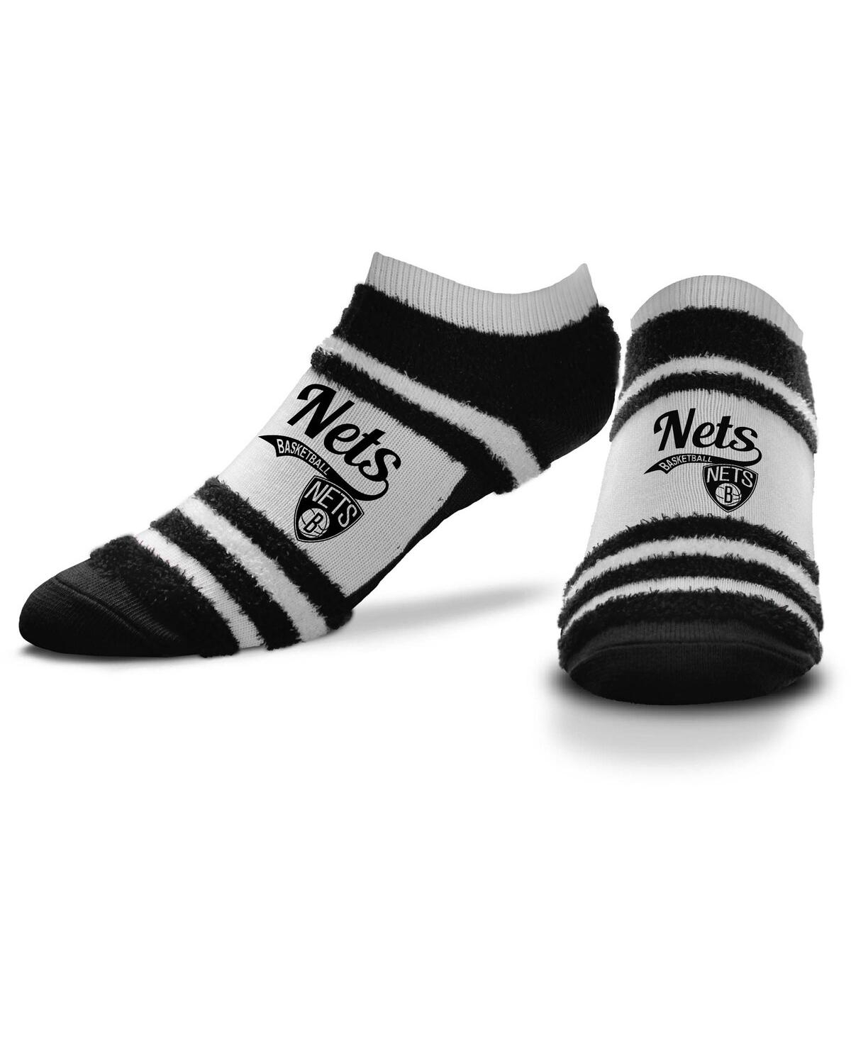 For Bare Feet Women's  Brooklyn Nets Block Stripe Fuzzy Ankle Socks In Black