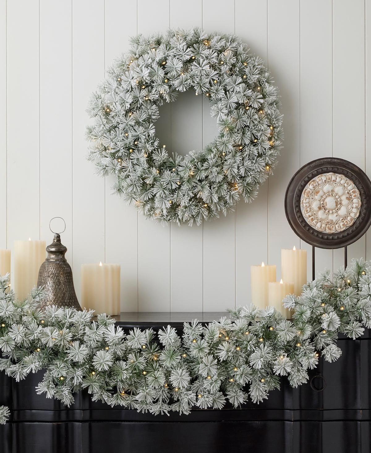 Shop Seasonal Flocked Winter Fir 24" Flocked Hard Needle Wreath 160 Tips, 50 Clear Lights Ul In White