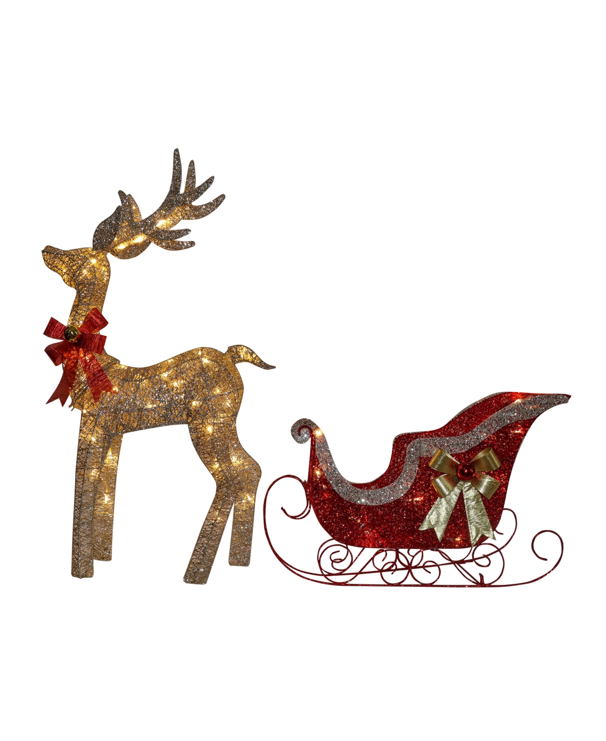 Seasonal Reindeer Sleigh Set With Lights In Gold Glitter