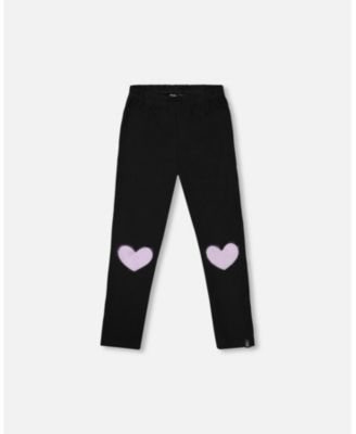 Jersey Stretch Black Leggings With Faux Fur Hearts Applique
