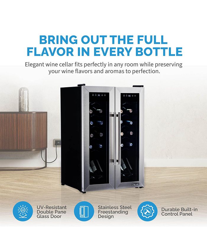 Newair 24 Bottle Wine Cooler Refrigerator, French Door Dual Temperature Zones, Freestanding Wine