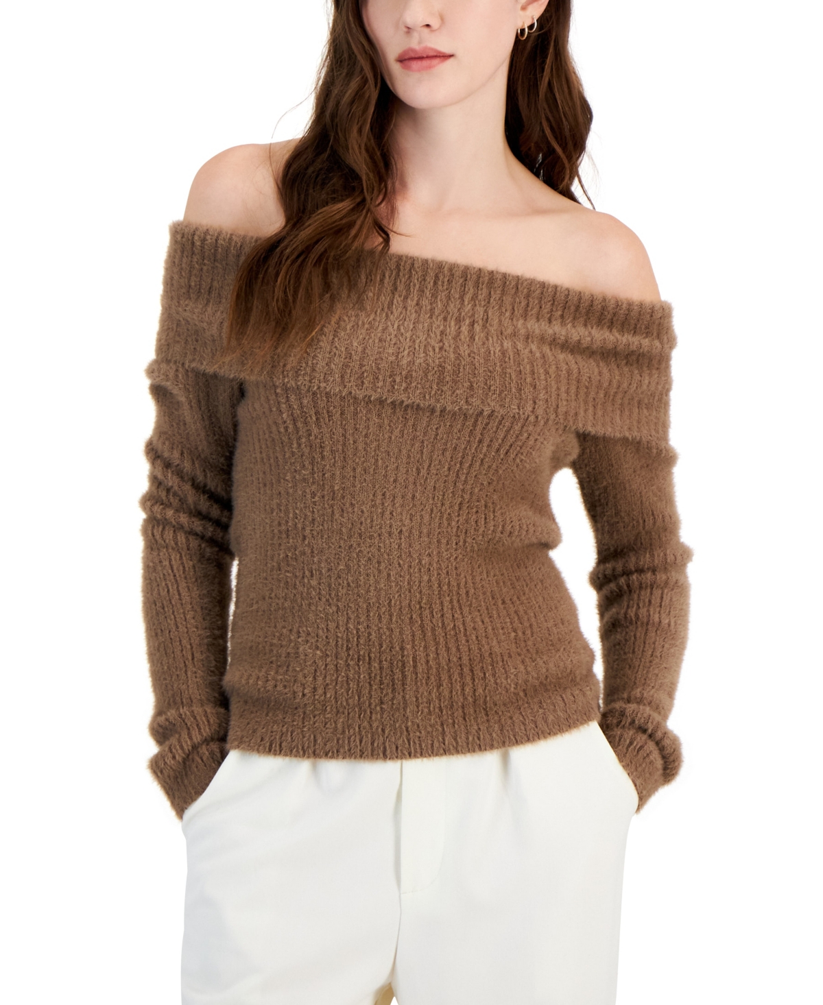 Hippie Rose Juniors' Eyelash-knit Off-the-shoulder Sweater In Coco Ash