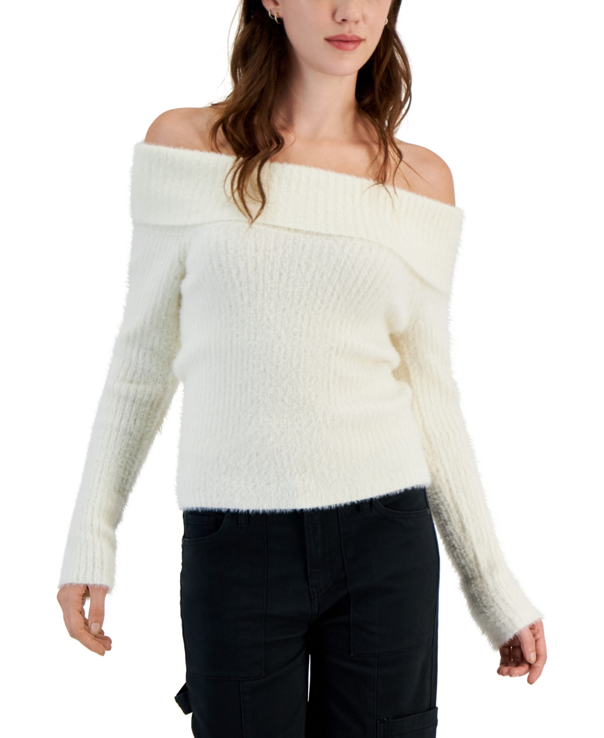 Hippie Rose Juniors' Eyelash-knit Off-the-shoulder Sweater In Blizzard White