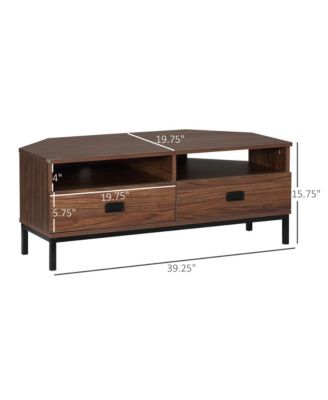 Corner TV Stand for TV up to 46", Entertainment Center with Open Storage and Drawers, TV Table with Steel Legs, Dark Walnut