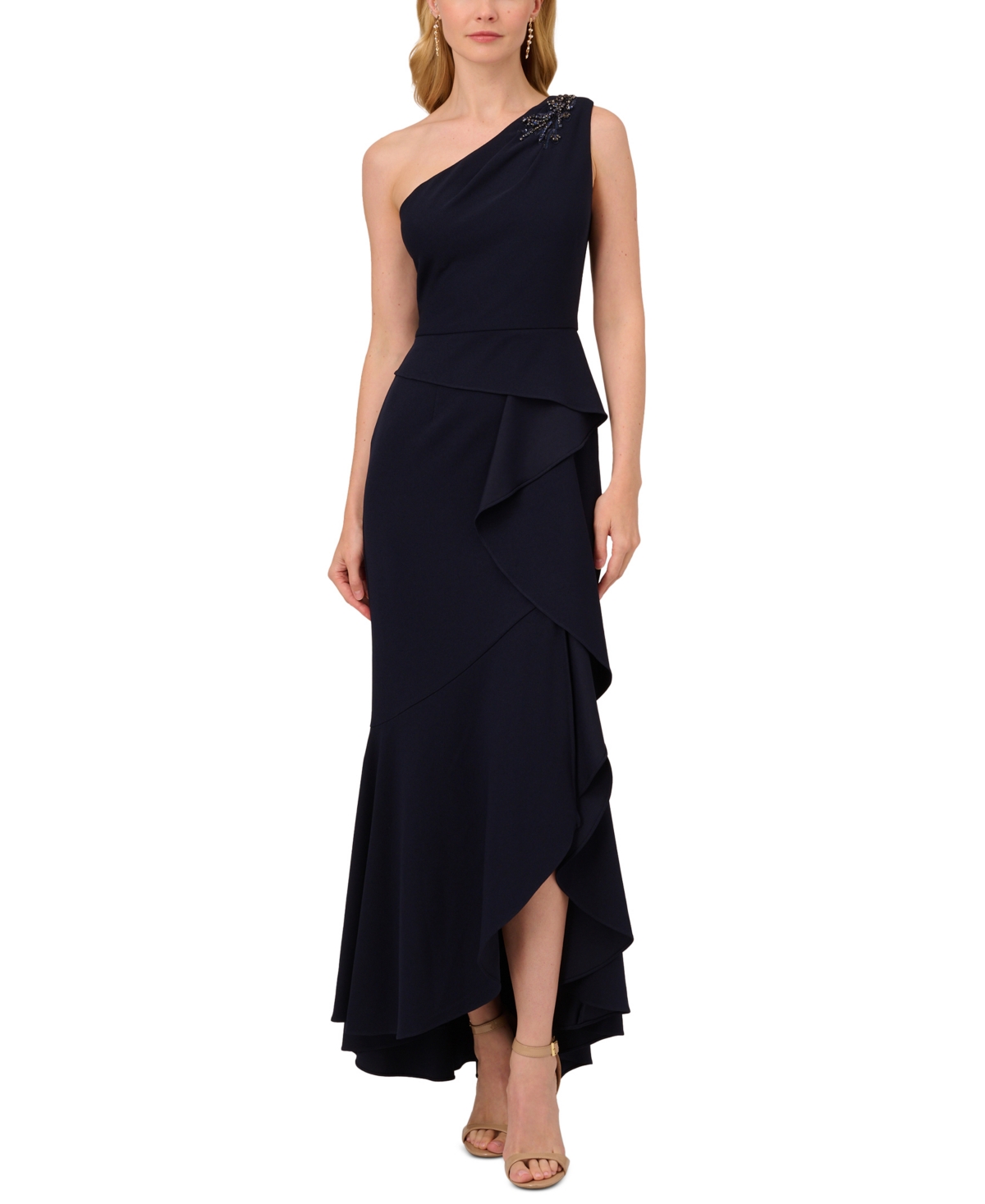 Shop Adrianna Papell Women's Beaded One-shoulder Gown In Midnight