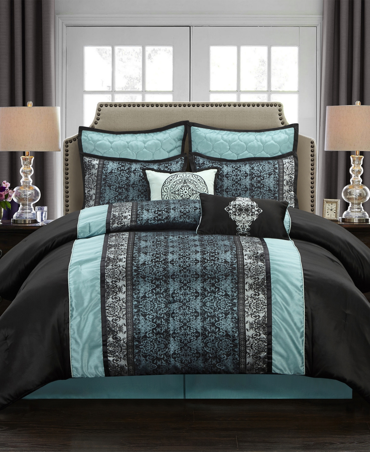 Nanshing Arabesque 8-piece Comforter Set, Black/blue, King In Black,blue