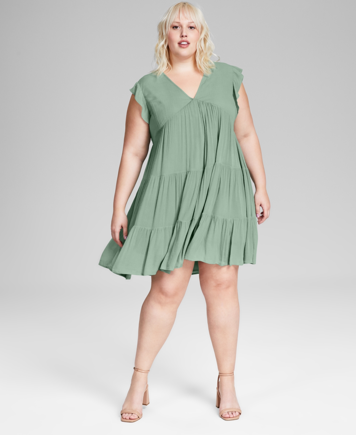 And Now This Trendy Plus Size Tiered Babydoll Dress In Green Pond