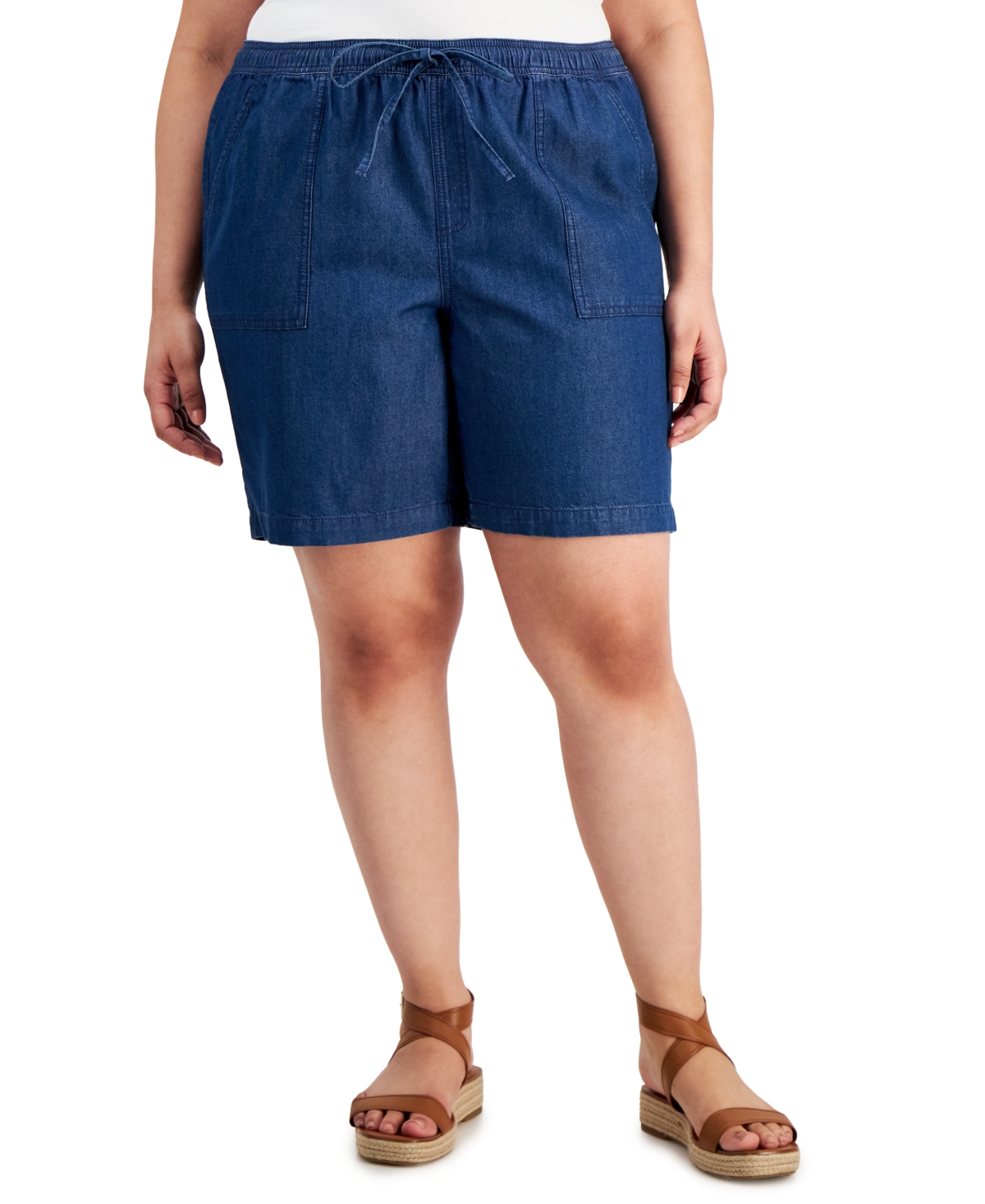 Style & Co Plus Size Chambray Drawstring Pull-on Shorts, Created For Macy's In Dark Chambray