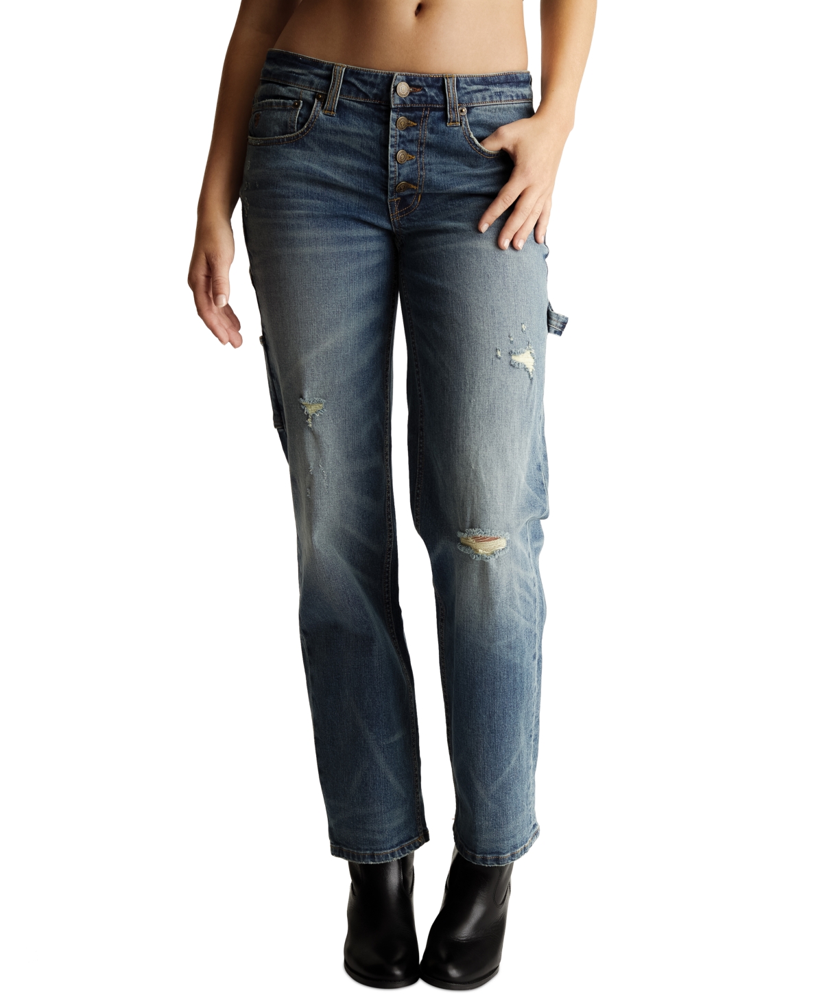 Shop Frye Women's Distressed Multi-button Straight-leg Utility Denim Jeans In Mustang Medium Wash