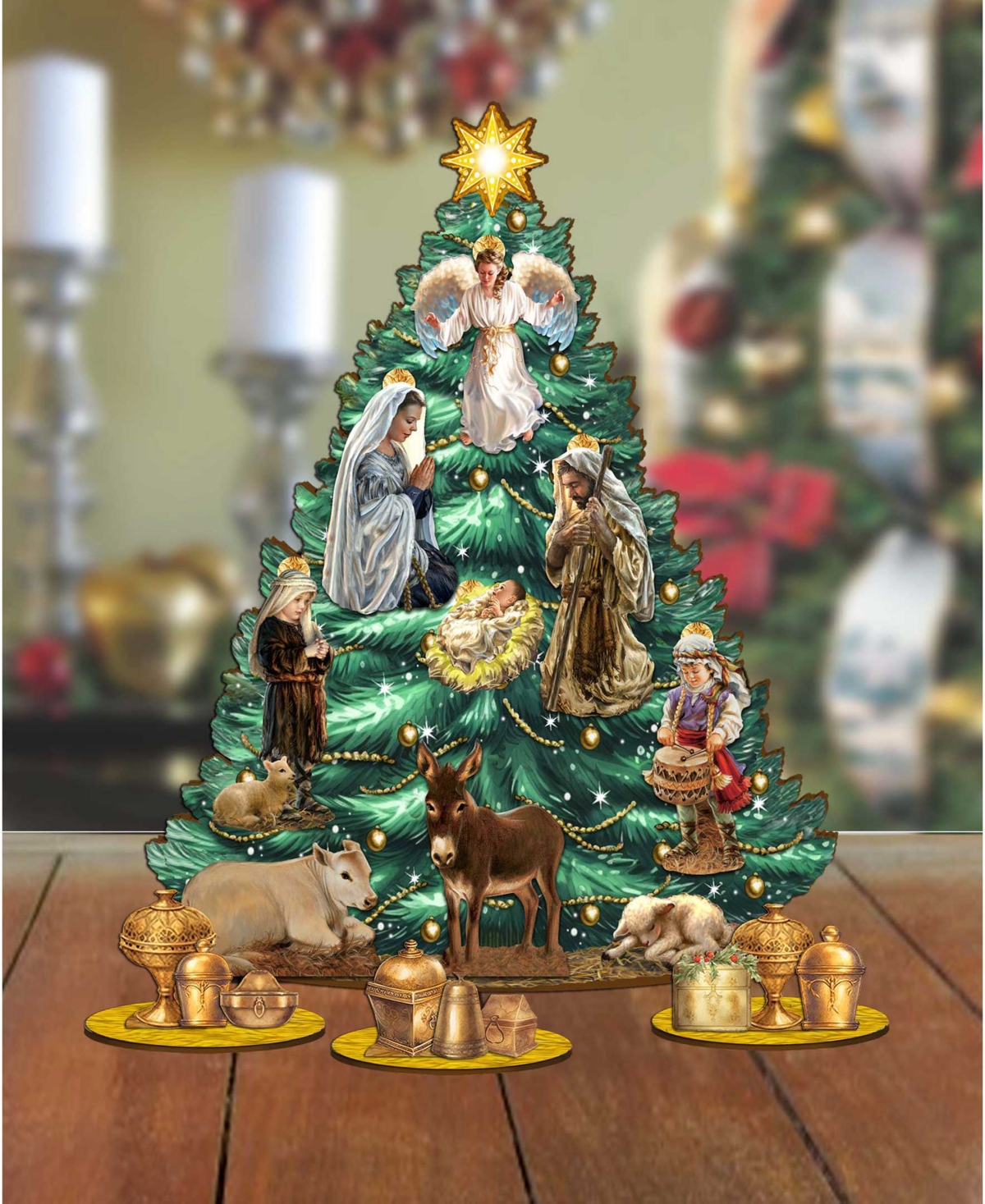Shop Designocracy Nativity Themed Wooden Christmas Tree With Ornaments Set Of 13 G. Debrekht In Multi Color