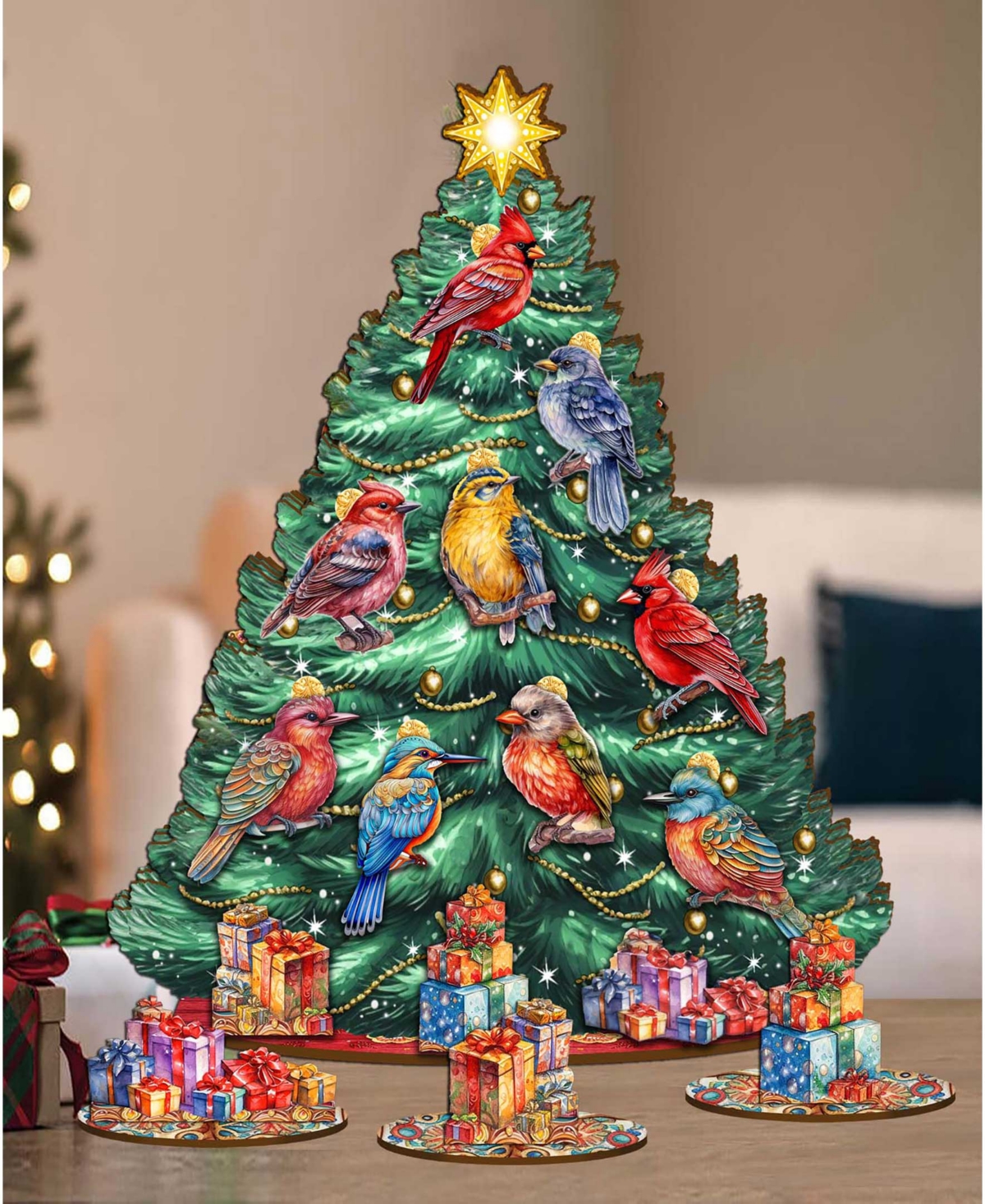 Shop Designocracy Christmas Birds Themed Wooden Christmas Tree With Ornaments Set Of 13 G. Debrekht In Multi Color