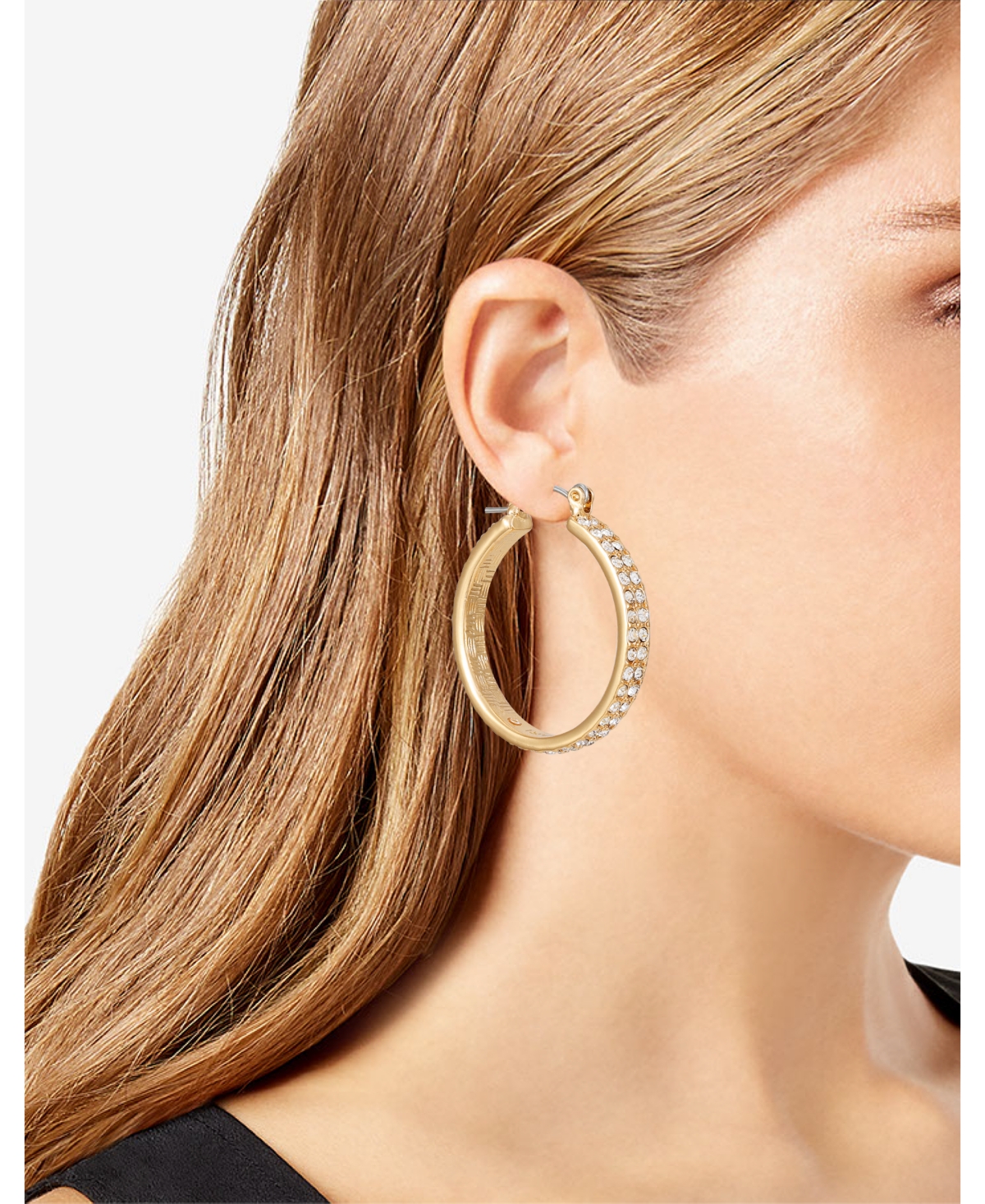 Shop T Tahari Gold-tone Clear Glass Stone Embellished Hoop Earrings