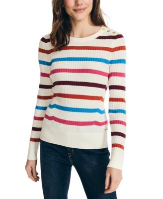 Nautica Women's Striped Cotton Sweater - Long Sleeve Crewneck Pullover, Soft & Casual