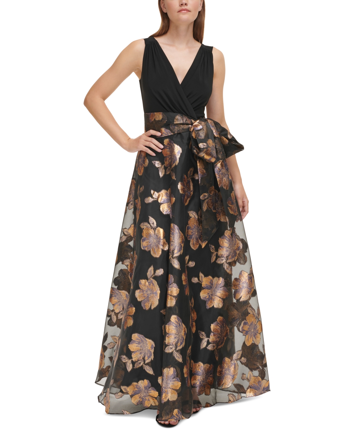 1940s Formal Dresses, Evening Gowns History Eliza J Petite Sleeveless Metallic Organza Ballgown - Black Gold $248.00 AT vintagedancer.com