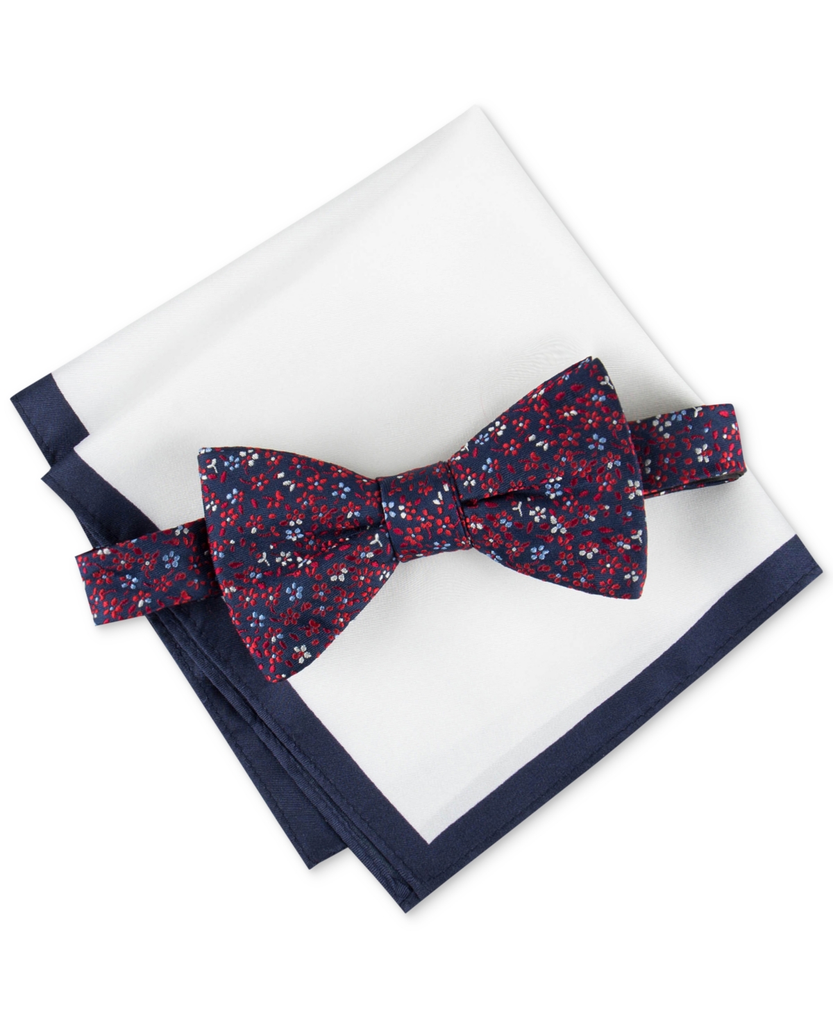 Tommy Hilfiger Men's Botanical Bow Tie & Tipped Pocket Square Set In Navy,red
