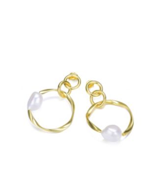 Elegant Sterling Silver 14K Gold Plating and Genuine Freshwater Pearl Round Dangling Earrings