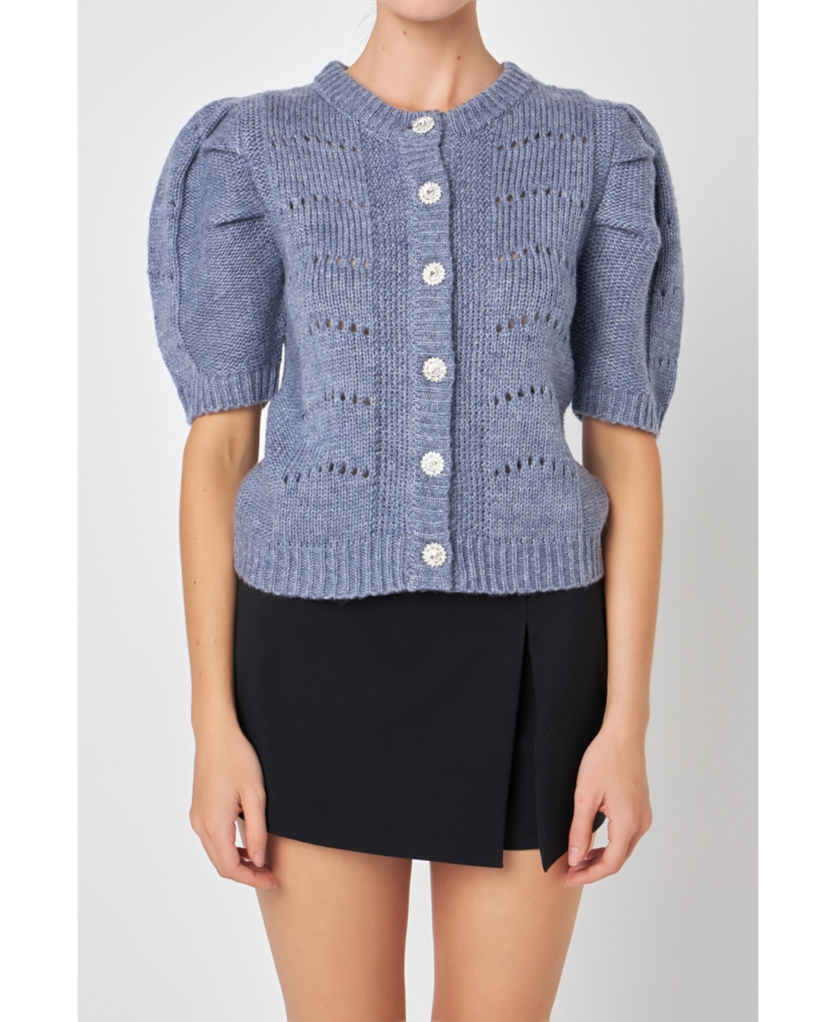 English Factory Women's Short Puff Sleeve Knit Cardigan In Heather Blue