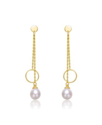 Sterling Silver 14k Yellow Gold Plated with White Freshwater Pearl & Eternity Circle Asymmetrical Double Linear Drop Fringe Earrings