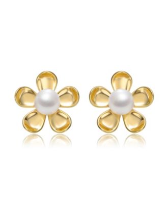 Sterling Silver 14k Yellow Gold Plated with White Freshwater Pearl Blooming Daisy Flower Stud Earrings
