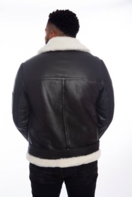 Men's Shearling Belted Pilot Jacket, Silky Black with White Wool