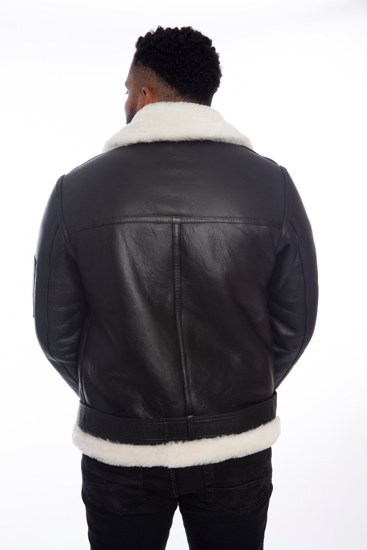 Furniq Uk Men's Shearling Belted Pilot Jacket, Silkywith White Wool - Black