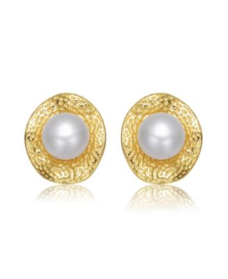 Sterling Silver 14K Gold Plated with Genuine Freshwater Pearl Hammered Stud Earrings