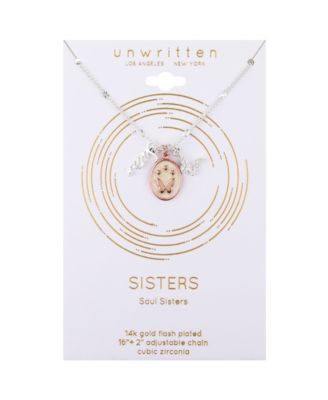 14K Rose Gold Plated Heart and Butterfly, Cubic Zirconia Butterfly and Silver Plated Sister Pendant Necklace