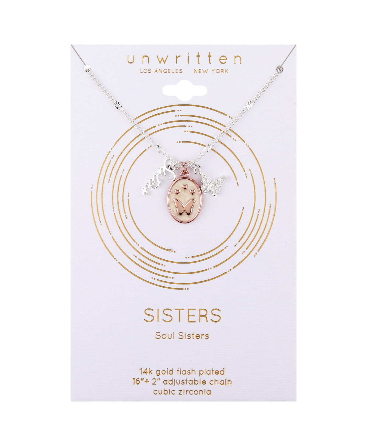 Unwritten 14K Rose Gold Plated Heart and Butterfly, Cubic Zirconia Butterfly andPlated Sister Pendant Necklace - Silver