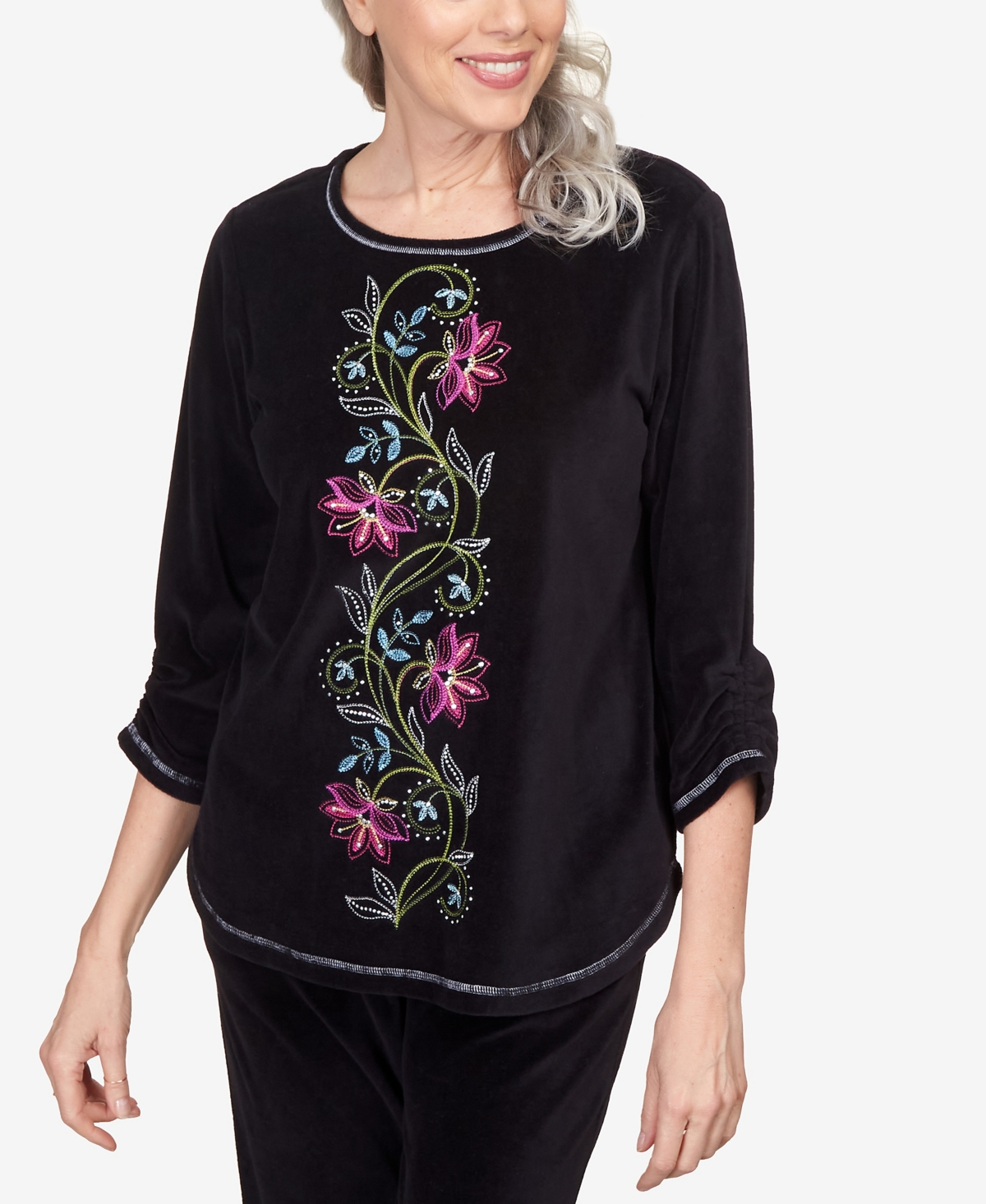 ALFRED DUNNER WOMEN'S DRAMA QUEEN CENTER FLORAL EMBROIDERED VELOUR SHIRTTAIL TOP