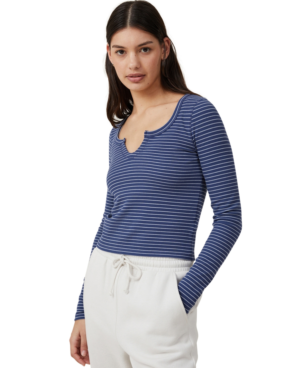 Cotton On Women's Willa Waffle Long Sleeve Top In Chloe Stripe Vintage Navy,glacier